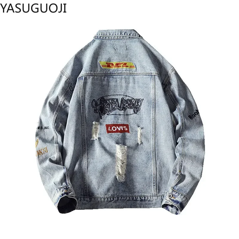 YASUGUOJI Streetwear moda męska Denim kurtki zepsute Patchwork dopasowane jeansy rurki płaszcz wiosna jesień Streetwear płaszcz dla mężczyzn