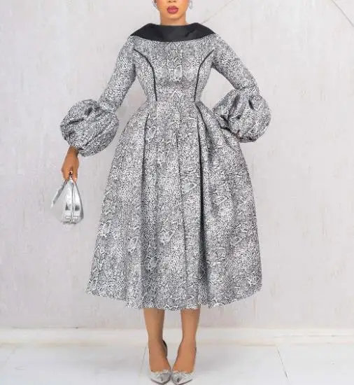 

2025 Color Blocking Patchwork Leopard Print Flamboyant Lantern Sleeve Dress Autumn Women's Banquet Party Long Sleeved Dress