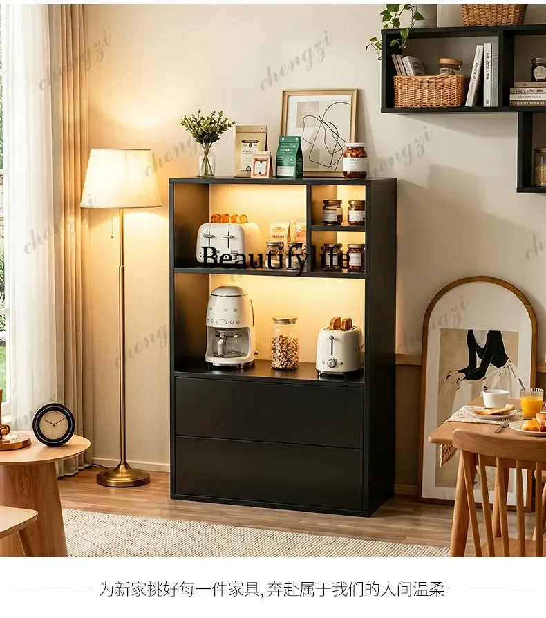 Solid wood microwave oven cabinet Oven solid wood meal edge black coffee integrated tea cabinet