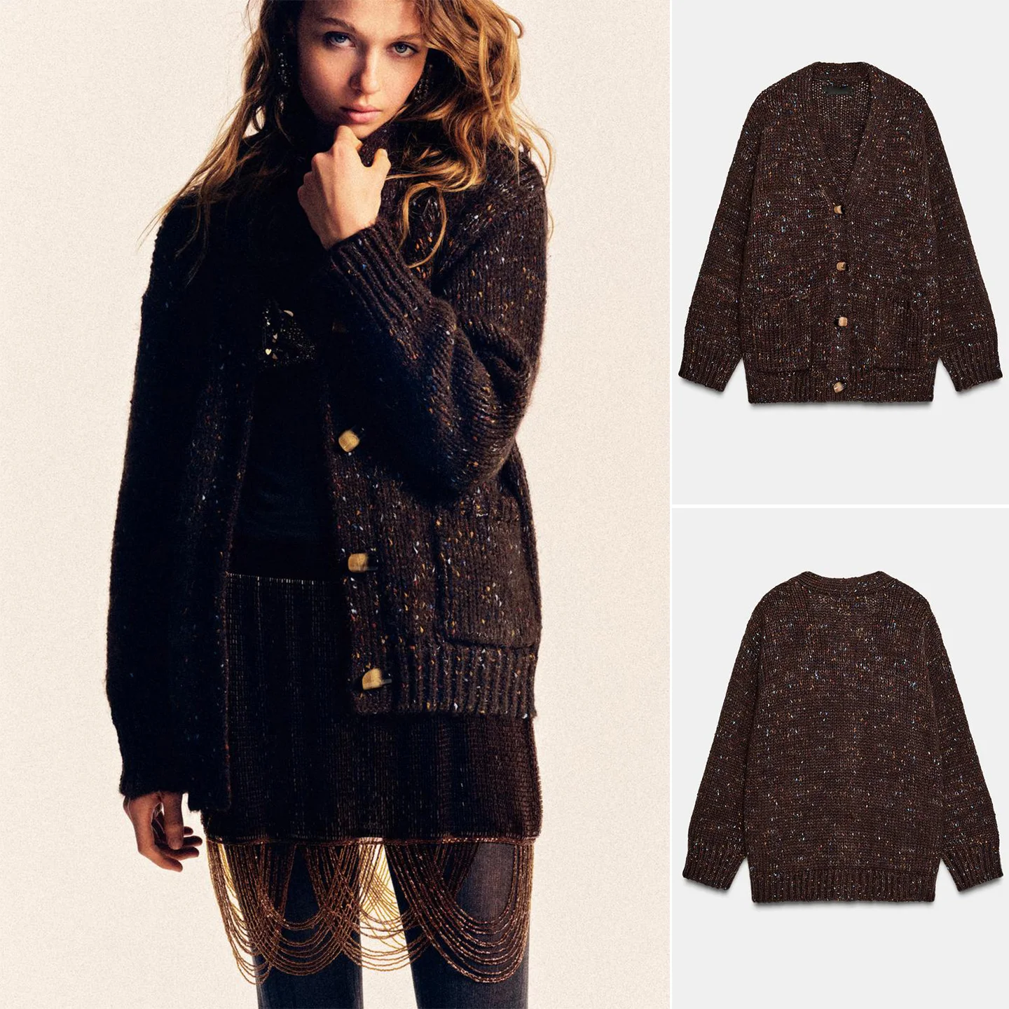 

Loose Knitted Long Sve V-Ne Winter New Arrival Women's Briti Sle Coat with Ribbing Decoration And Pleats