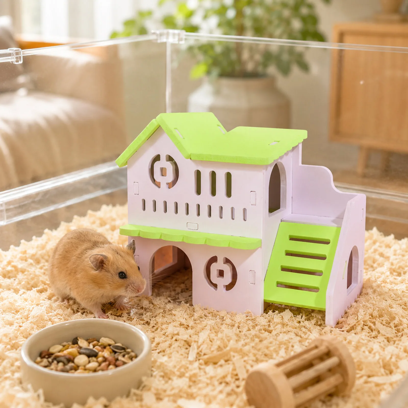Hamster-Haus Spielzeug Kleintier-Versteck Hamster-Holzhaus 2 Ebenen Mit Leiter-Design Holzhütte Spielzeug – Detail 12