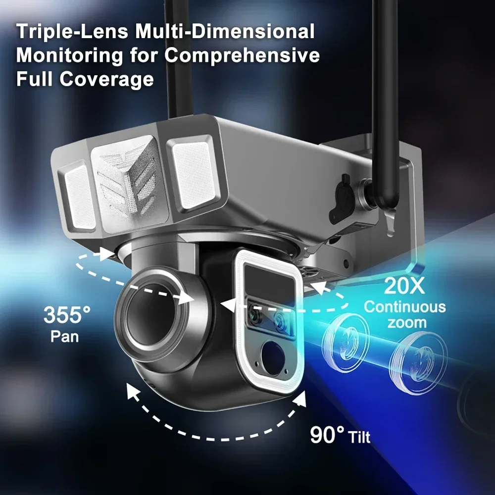 Telecamera solare a doppio obiettivo da 8MP Zoom 20X Telecamera solare WiFi 4K PIR Rilevazione umana Telecamere di sorveglianza esterna di sicurezza PTZ Telecamere impermeabili