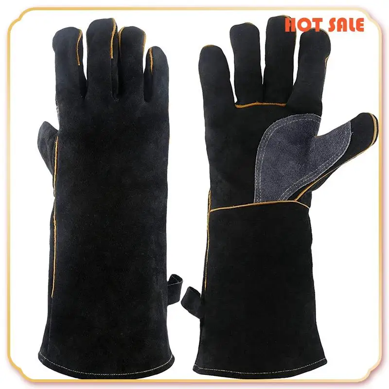 ABFA زوجان من القفازات الجلدية المقاومة للحرارة والحريق مع خياطة، قفازات سوداء مثالية 16 بوصة و14 بوصة