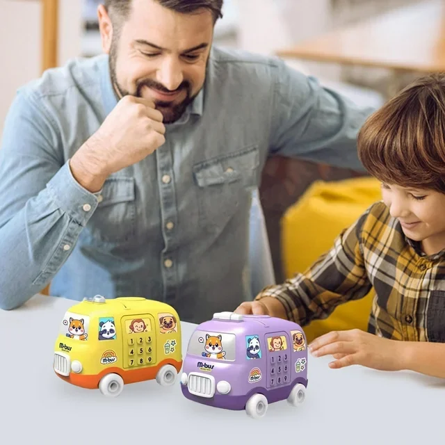 Bus-Shaped Piggy Bank for Kids, Plastic Cartoon Coin Bank Toy with DIY Stickers, Ideal Gift for Toddlers