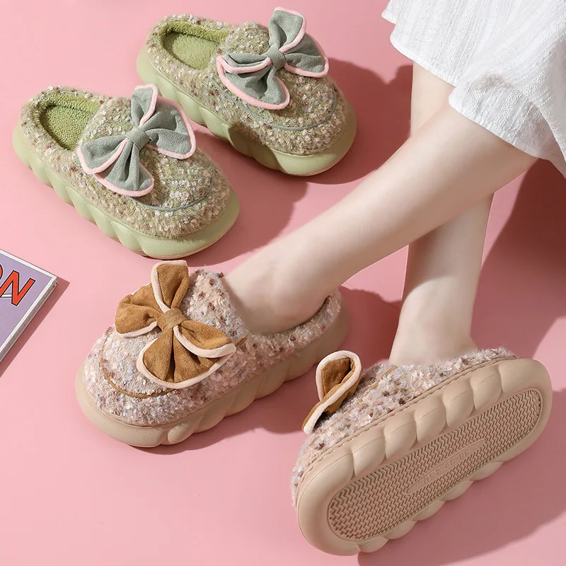2022 New Winter Cotton Slippers Women Warm Platform Shoes Cute Bow Thick Sole Soft Plush Girls Indoor Home Floor Slides