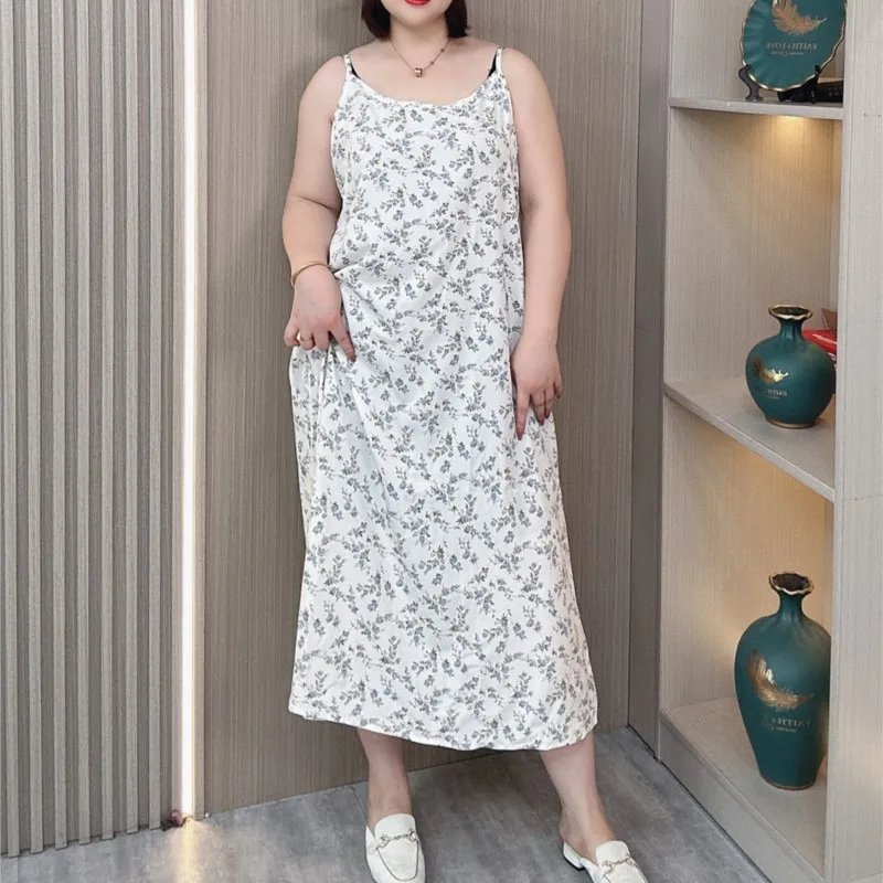 Floral Dress With Spaghetti Strap For Women Summer Thin Plus Size Fashion Casual Slim mid-length Dress