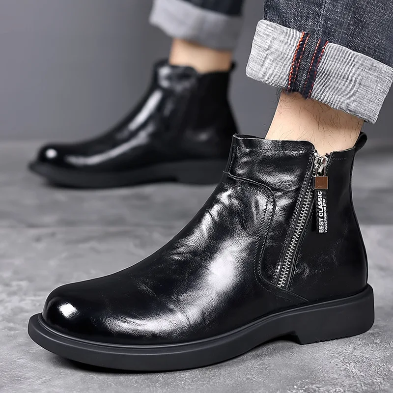 Fashion Men's Leather Ankle Boots for Men Autumn Winter Velvet Warm Men Chelsea High-top Boots Designer Casual Man's Dress Shoes - Image 2