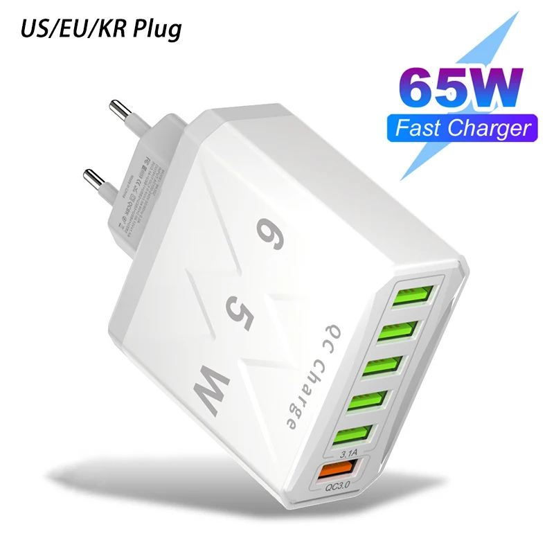 6 Port Total 65W USB Charger Fast Charging Mobile Phone Travel Wall Adapter For iPhone Samsung Xiaomi Redmi Huawei US/EU/KR Plug