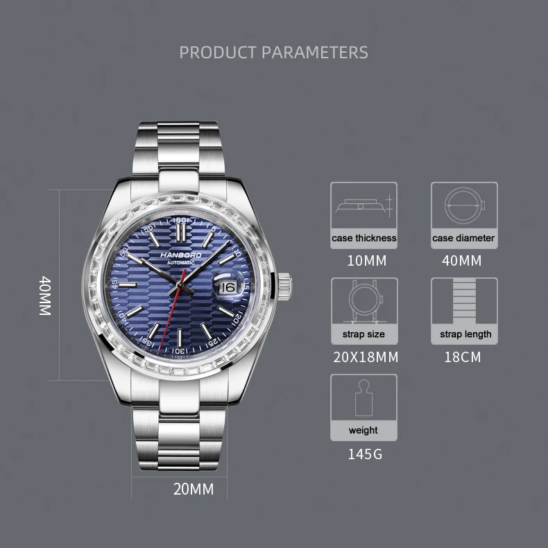 HANBORO Мужские роскошные часы 40 мм Автоматические механические наручные часы 50 м Водонепроницаемые светящиеся хрустальные безели Дата