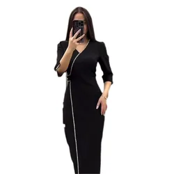 2023 Autumn New Long Sleeved V-Neck Hot Diamond Slim Fit Style Split Dress