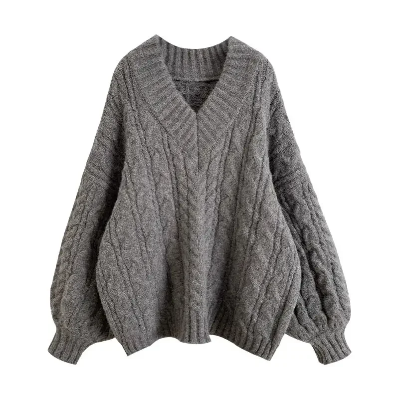 

Women's Casual Loose V-Neck Sweater Pullovers Autumn Winter Lady Solid Long Sleeved Knitted Tops Falls Gray Chic Knitwear Female