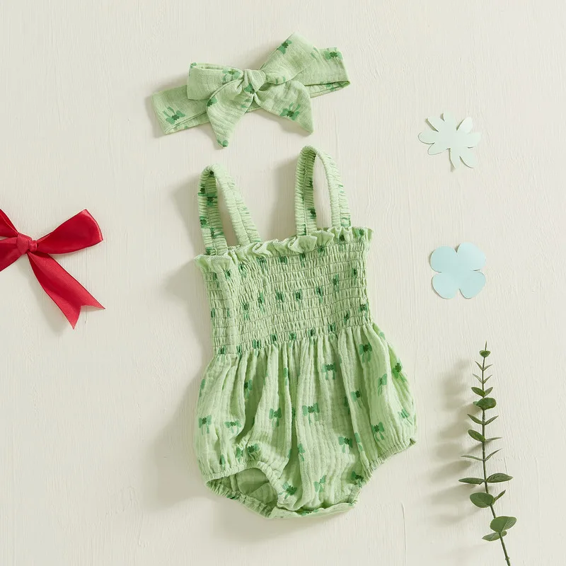 

RUEWEY 0 to 18 Months Baby Girl Bodysuit Summer Clothes Shamrock Bow Print Sleeveless Shirred Jumpsuit with Bow Headband