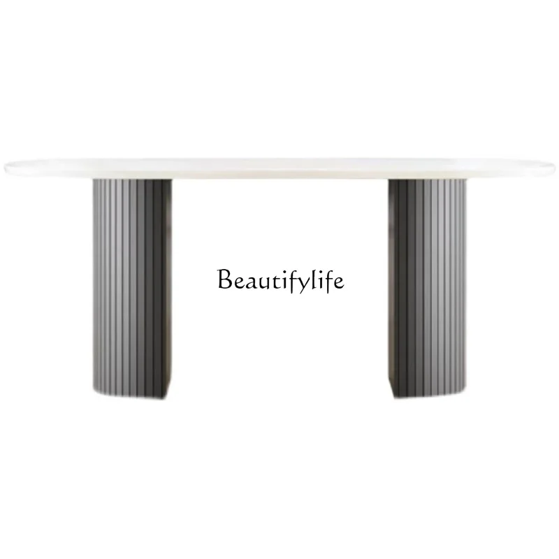 

French marble dining table Nordic light luxury modern simple solid wood small apartment oval dining table