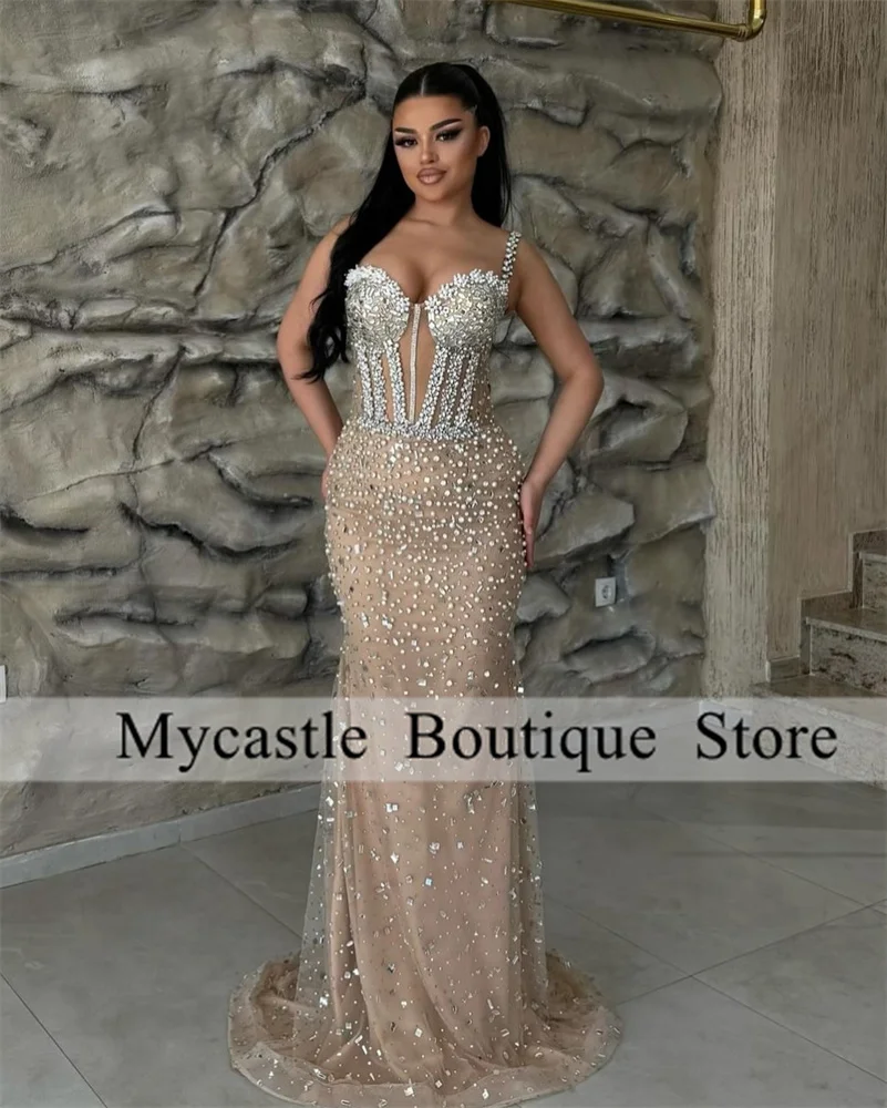 Sparkly Champagne Lace Beaded Mermaid Evening Dresses Women 2025 Luxury Crystal Birthday Party Gown Prom Dress Customized