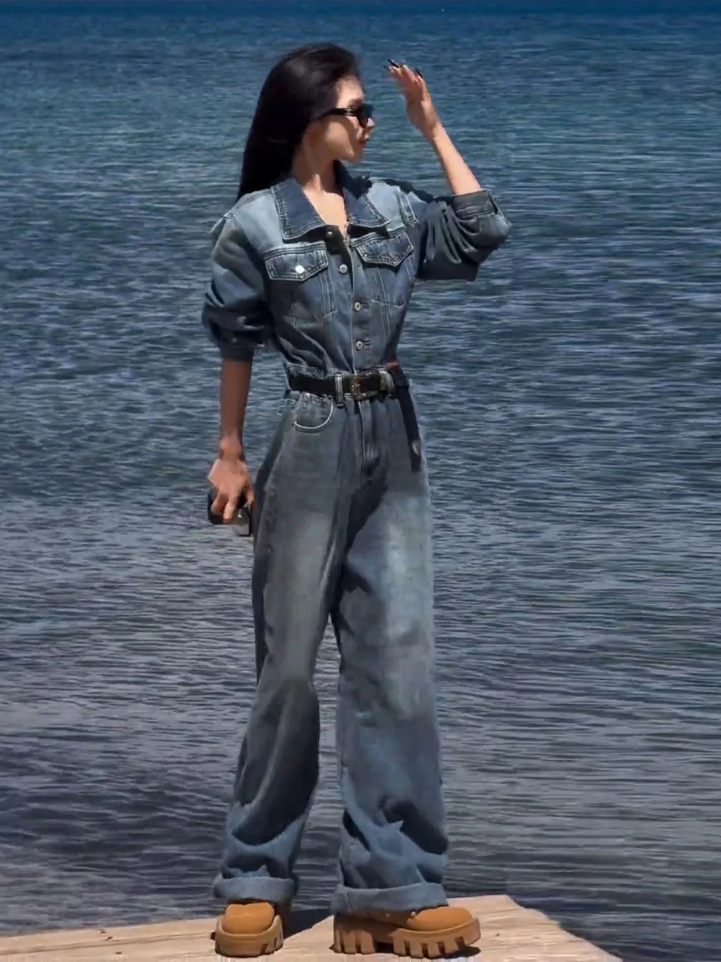 Mono vaquero Retro americano Waed para mujer, traje de una pieza de pierna ancha, holgado, informal, adelgazante, pantalones largos de cintura alta, corte recto