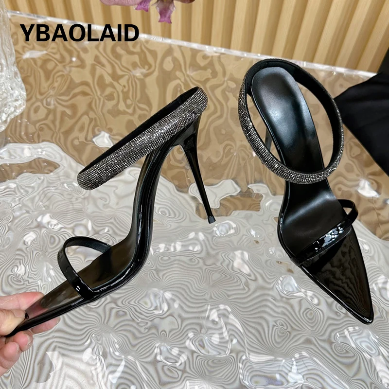 

Sexy Thin High Heels Slippers Women Summer Shoes Crystal Narrow Band Pointed Open Toe Slides Ladies Party Sandals Mullers Shoes