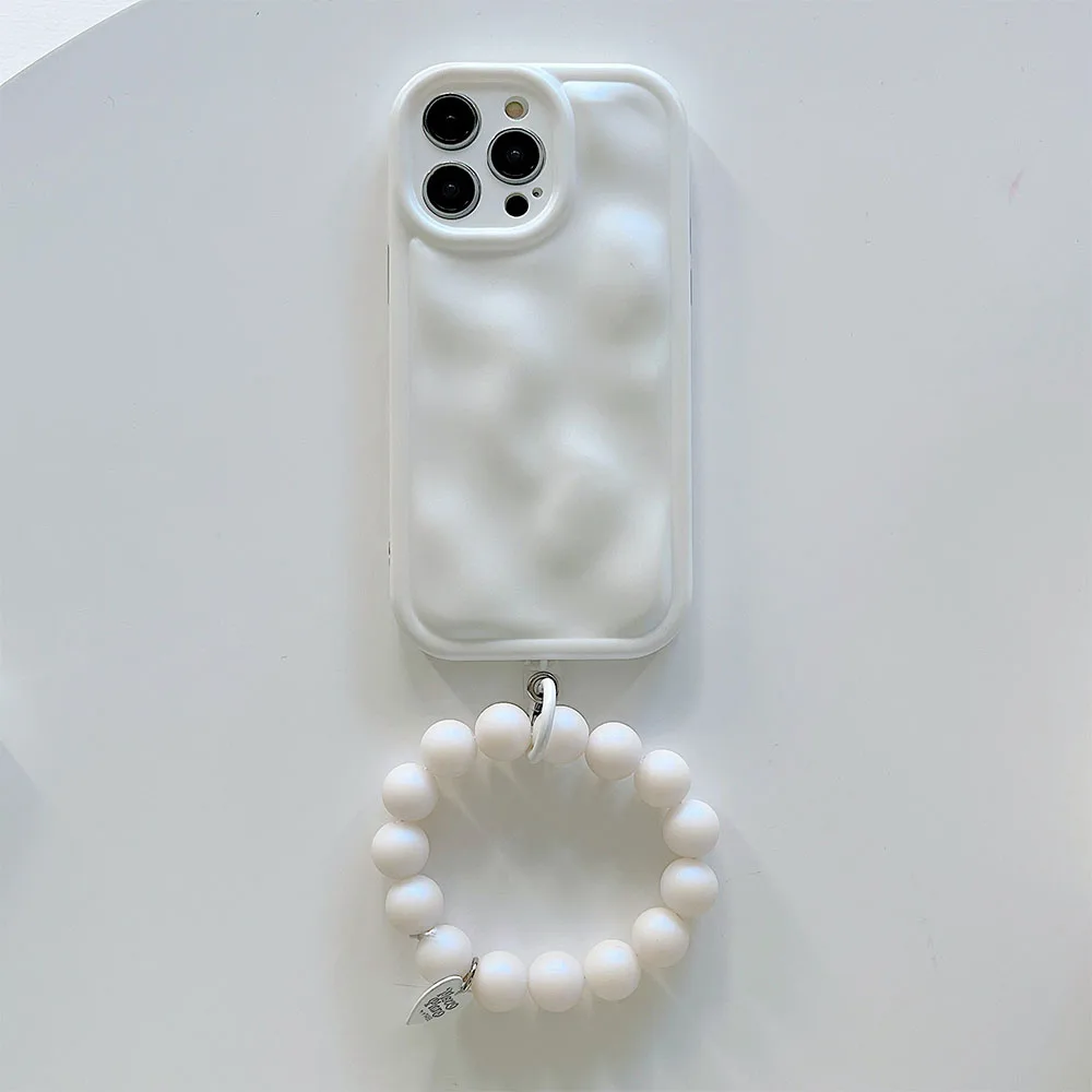 Japan Korea Meteorite Soft IMD Phone Case For iPhone 14 Pro Max 13 12 Pro 11 Fashion Pearl Cream White Bracelet Keychain Cover