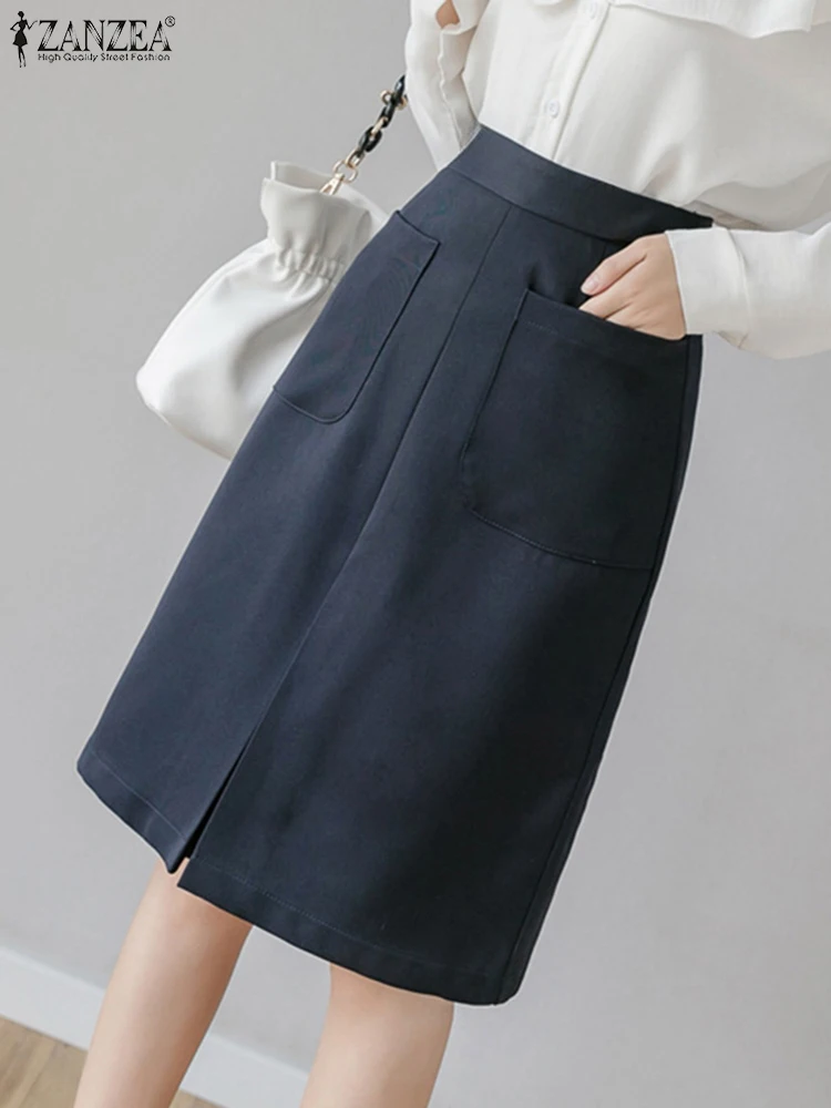 ZANZEA 2024 Elegant Women Faldas Mujer Commute High Waist Inverted Pleat Korean Fashion Jupes Office Solid Knee-length Skirts