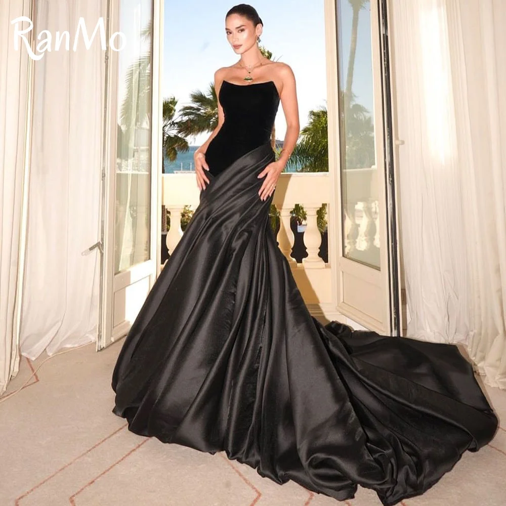 Ranmo 2025 Elegant Black Satin Evening Dresses Floor-Length Mermaid Strapless Sleeveless Prom Gown Customized Party Dresses