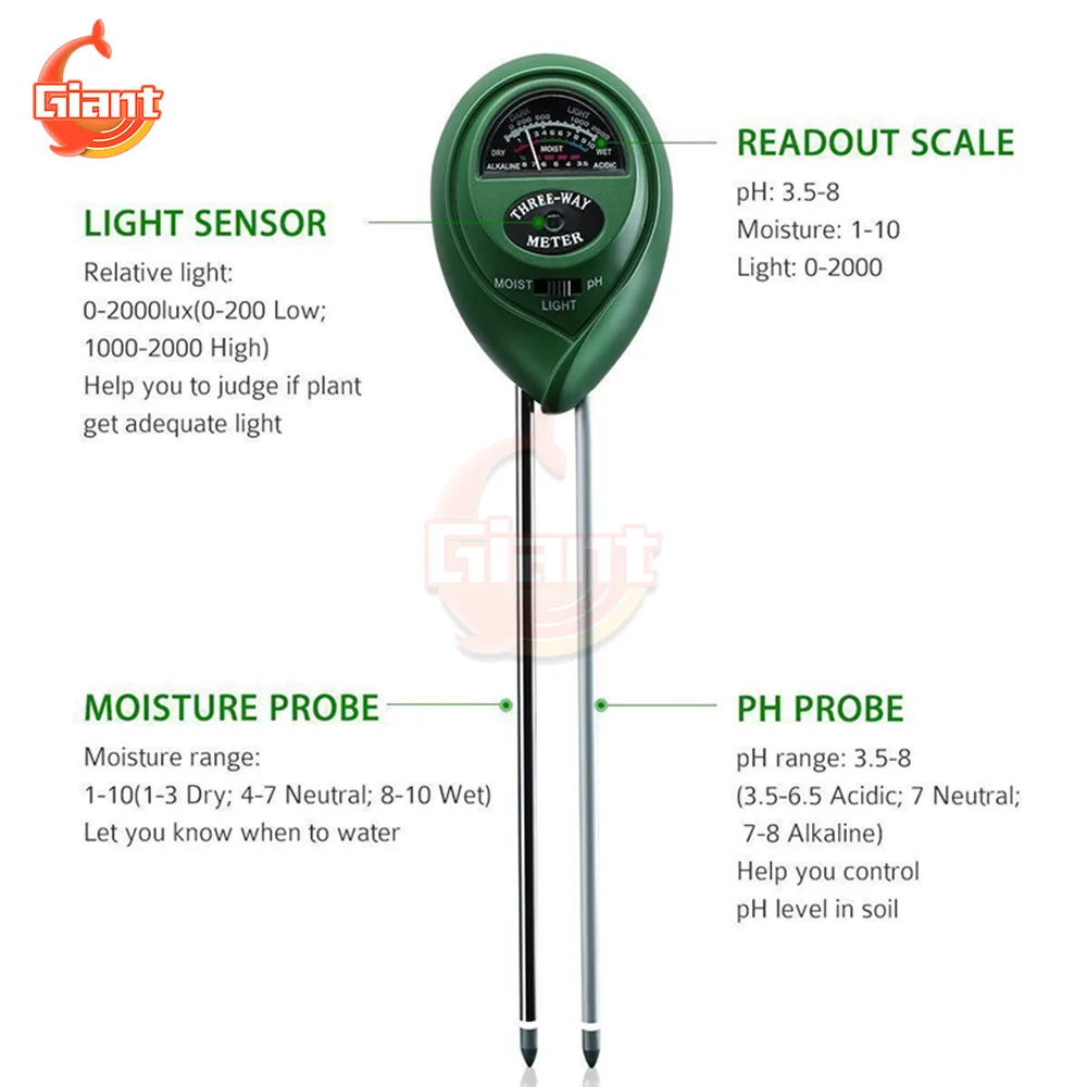 3 in1 Soil Moisture Meter Moisture Sunlight PH Meter Moist Sensor Tester Soil Water Acidity Humidity Light PH Test Analyzer Tool