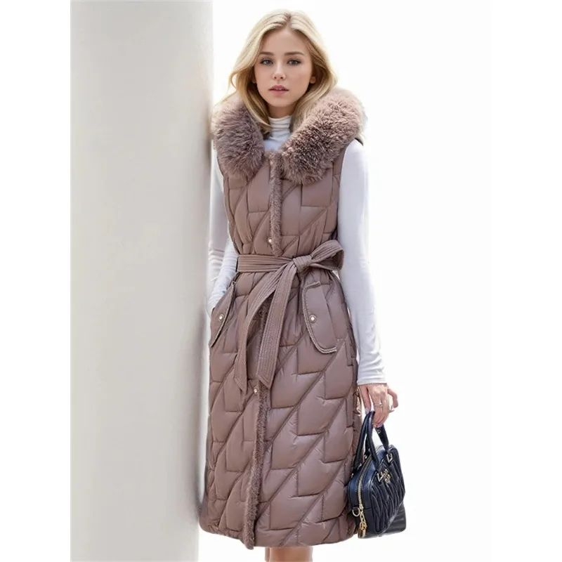 Solid Padded Down Cotton Jacket  Vest Women's Long New Model Fashionable Waist Slimming Warm Waistcoat with Hooded Fur Collar