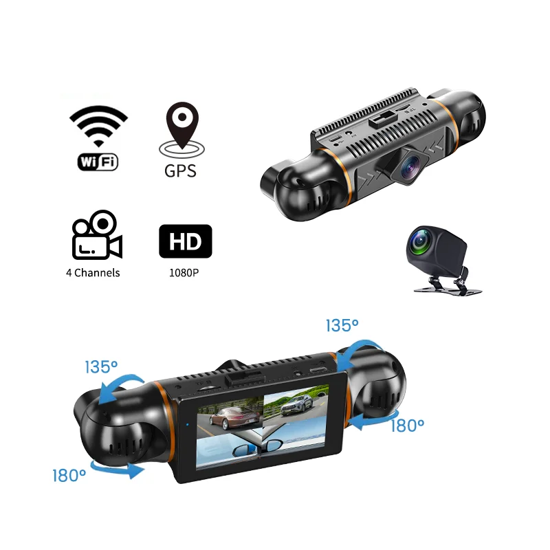 3-Inch Screen 360 Degrees Panoramic Car DVR 4 Channel FHD 1080P IPS Video Recorder 4 Split Screen Display Dash Cam Night Vision