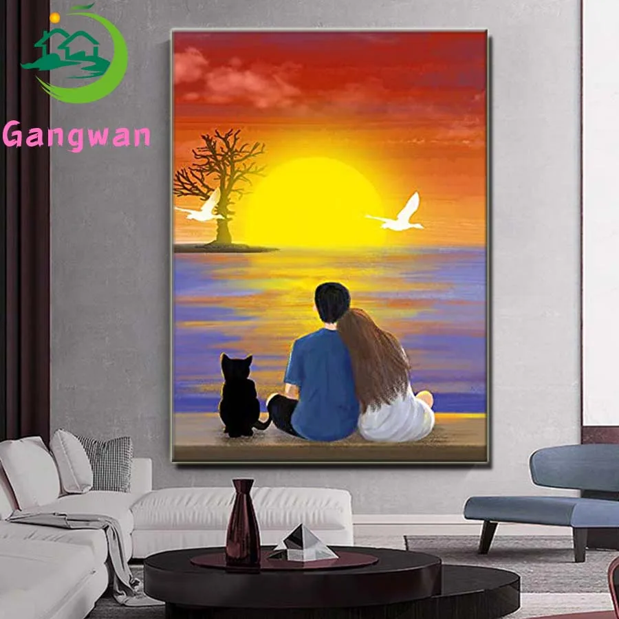 

Алмазная живопись, Мультяшные пары с домашними животными, 5D полноразмерная картина, картина с закатом, пейзаж, Алмазная мозаика, вышивка, домашний декор