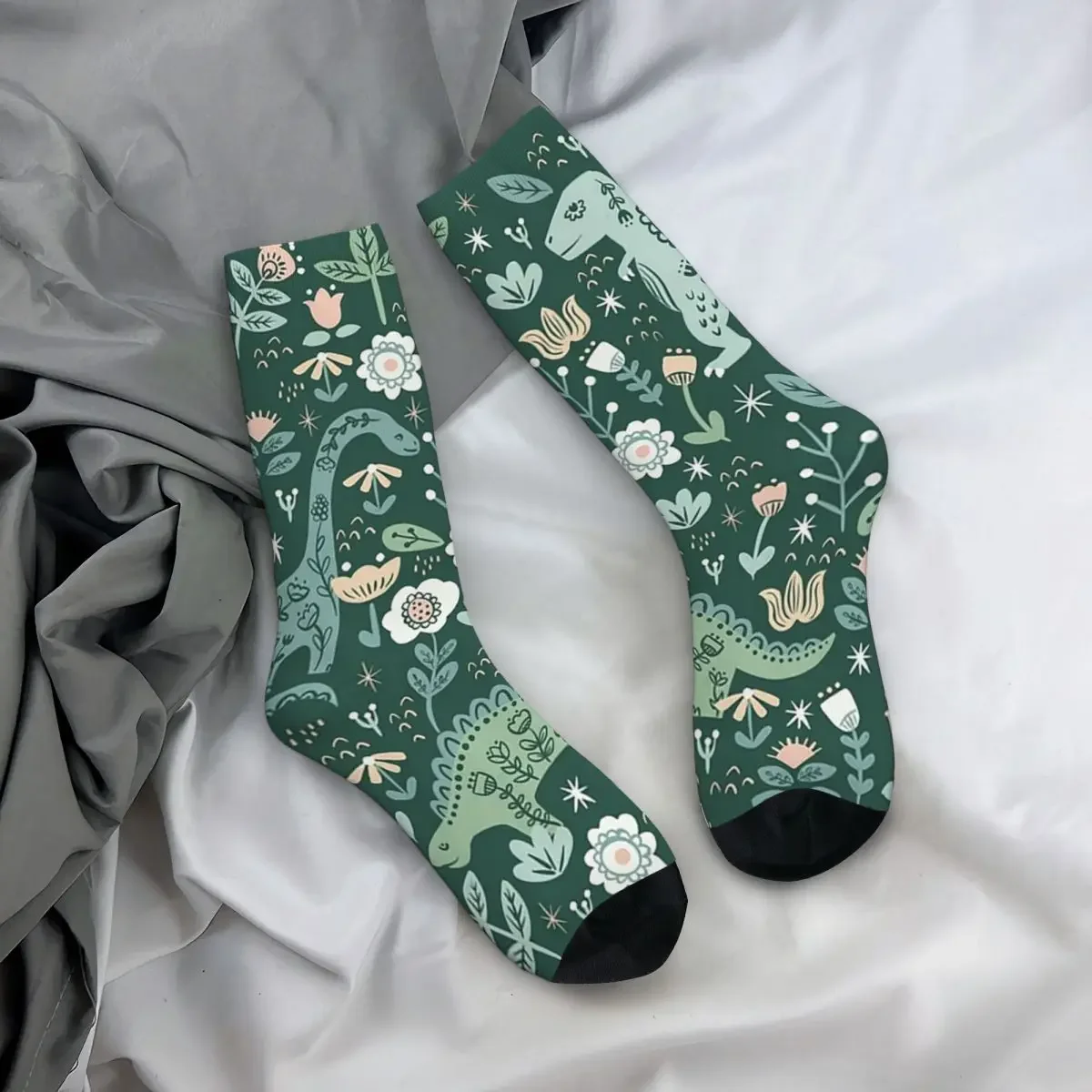 Folk Floral Dinosaur Socks Harajuku Sweat Absorbing Stockings All Season Long Socks Accessories for Man's Woman's Gifts