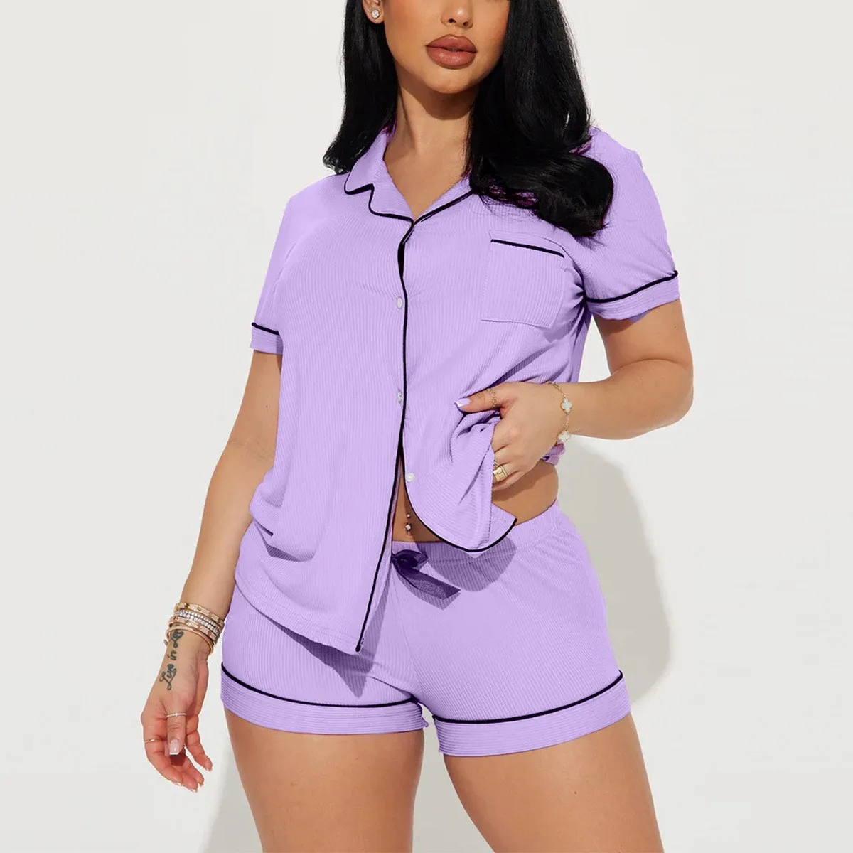 

Summer Women Matching Pajama Short Sleeve Sleepwear Set High Waist Shorts Lilac Loungewear Set Ribbed Olive Green Pajama