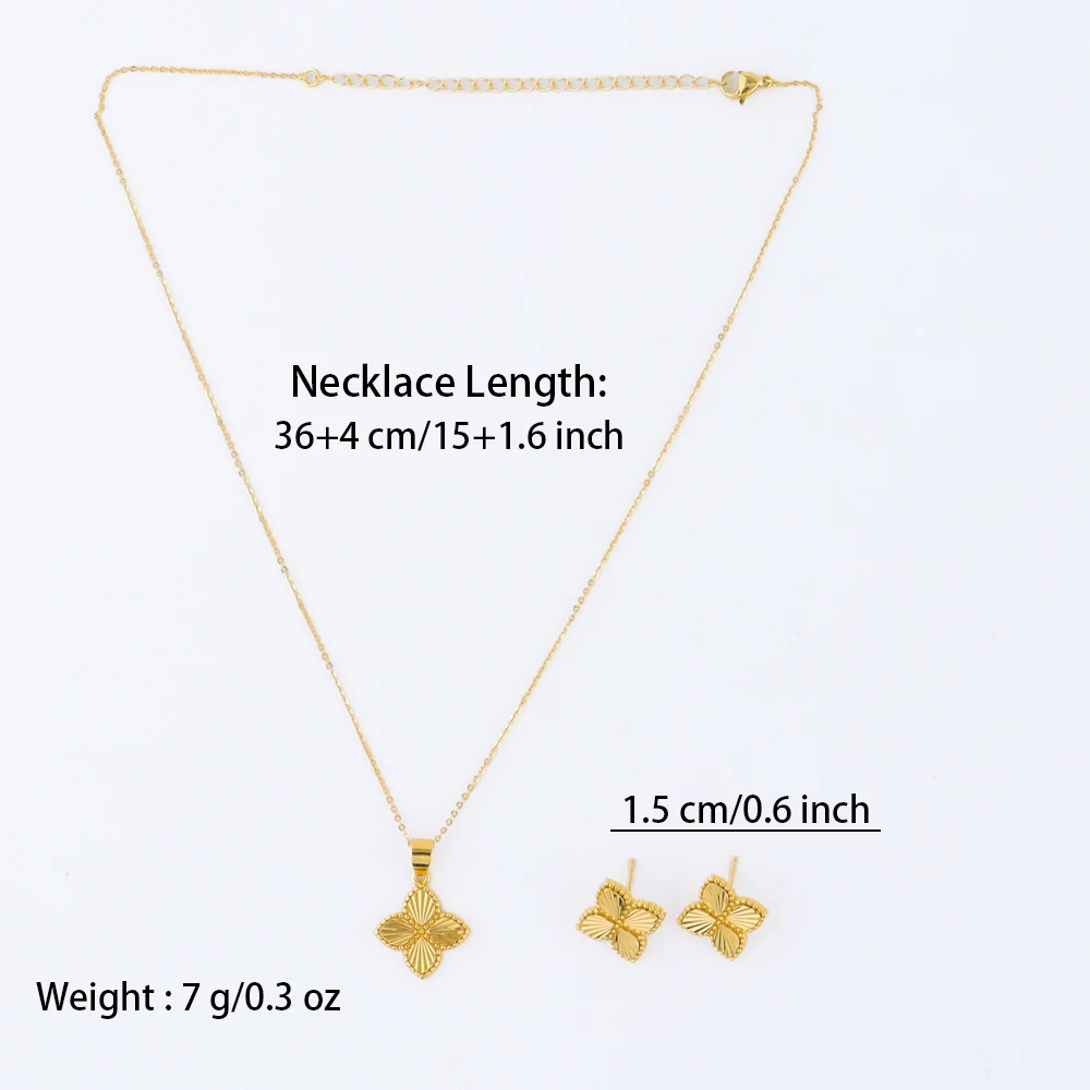 Goldfarbenes Glücksklee-Anhänger-Halsketten-Ohrring für Frauen, feines Edelstahl-Schmuckset für Hochzeit, neue prägnante Partygeschenke – Detail 6