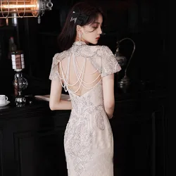 Elegant Lace Flower Wedding Dress Backless Qipao Women Sexy Hollow Out Cheongsams Bride Vestidos Chinese Dresses Ball Gown