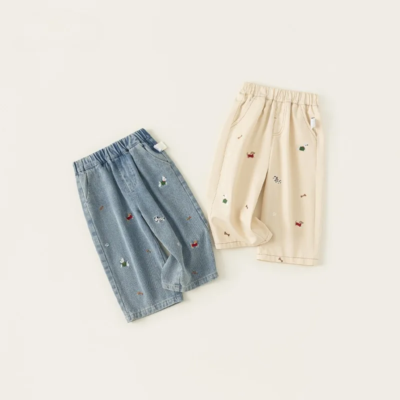 

Детские милые джинсы с вышивкой и широкими штанинами для девочек, свободные длинные брюки для девочек