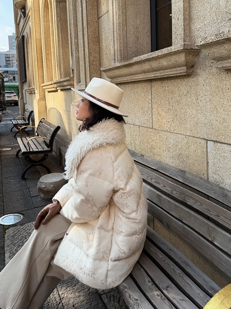 

the Meng Swan Lake 95 White Goose down Winter Coat Women's New Chinese Sle Design Fluffy Padded Jaet Straight Cut Long Sl...