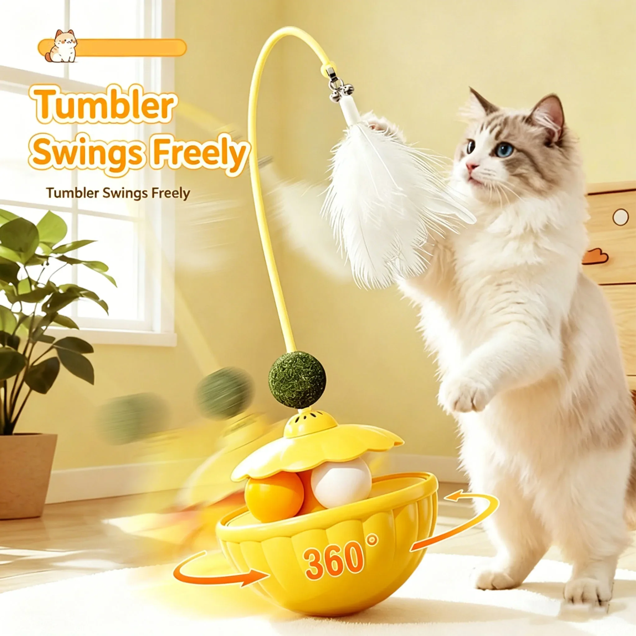 Multifunctional Cat Tumbler Toy with Feather Wand Bell Catnip Ball Rolling Ball Interactive Kitten Chasing Toy Self Play Relief