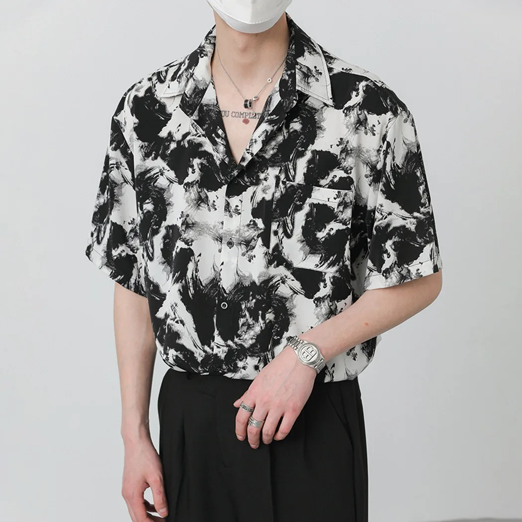 Summer Korean Fashion Men Loose Draped Short Sleeved Shirt Ruffled Handsome Ink Free Shirts For Men Blouse