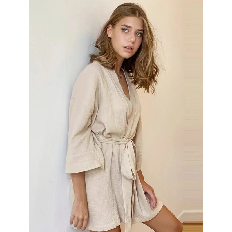 

Mozuleva Cotton Short Nightgown Autumn Women's New Solid Color Short Sleeved Pajamas Loose Bathrobe Casual Female Nightgown