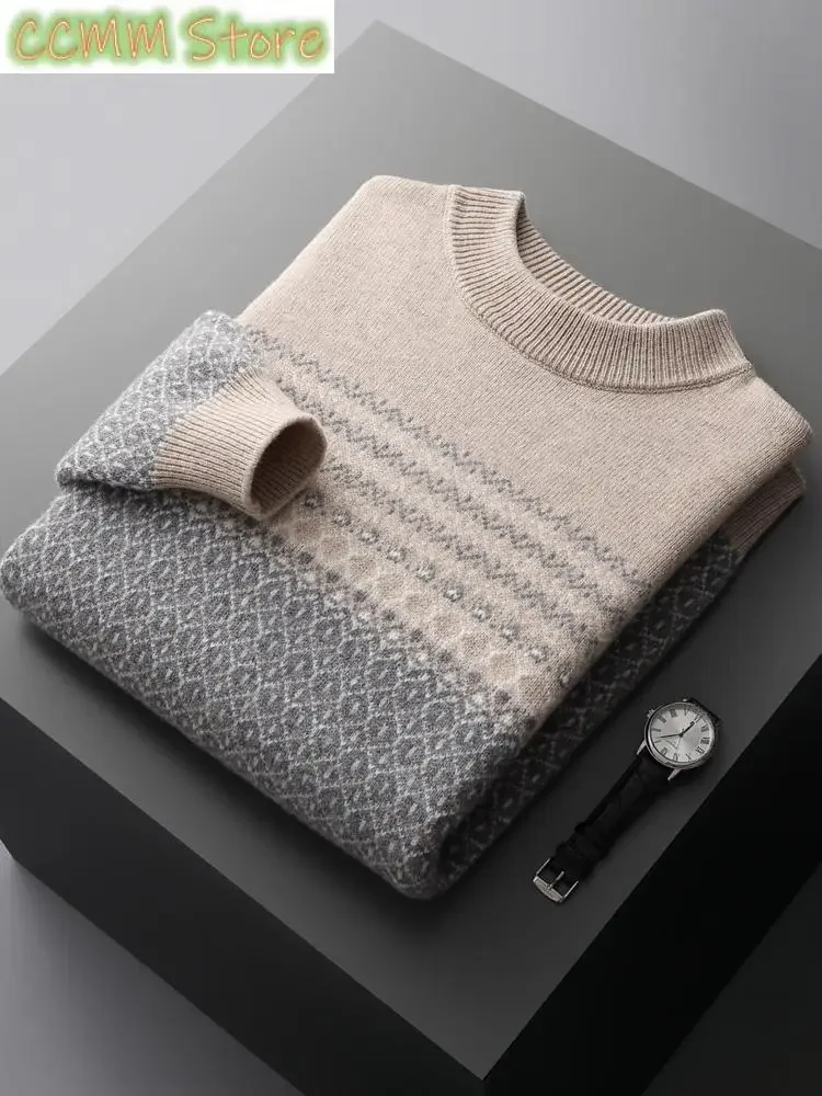 New Men Mock-neck Cashmere Sweater Autumn Winter Thick Pullover 100% Merino Wool Knitwear Jacquard  Knitting Warm Casual Tops