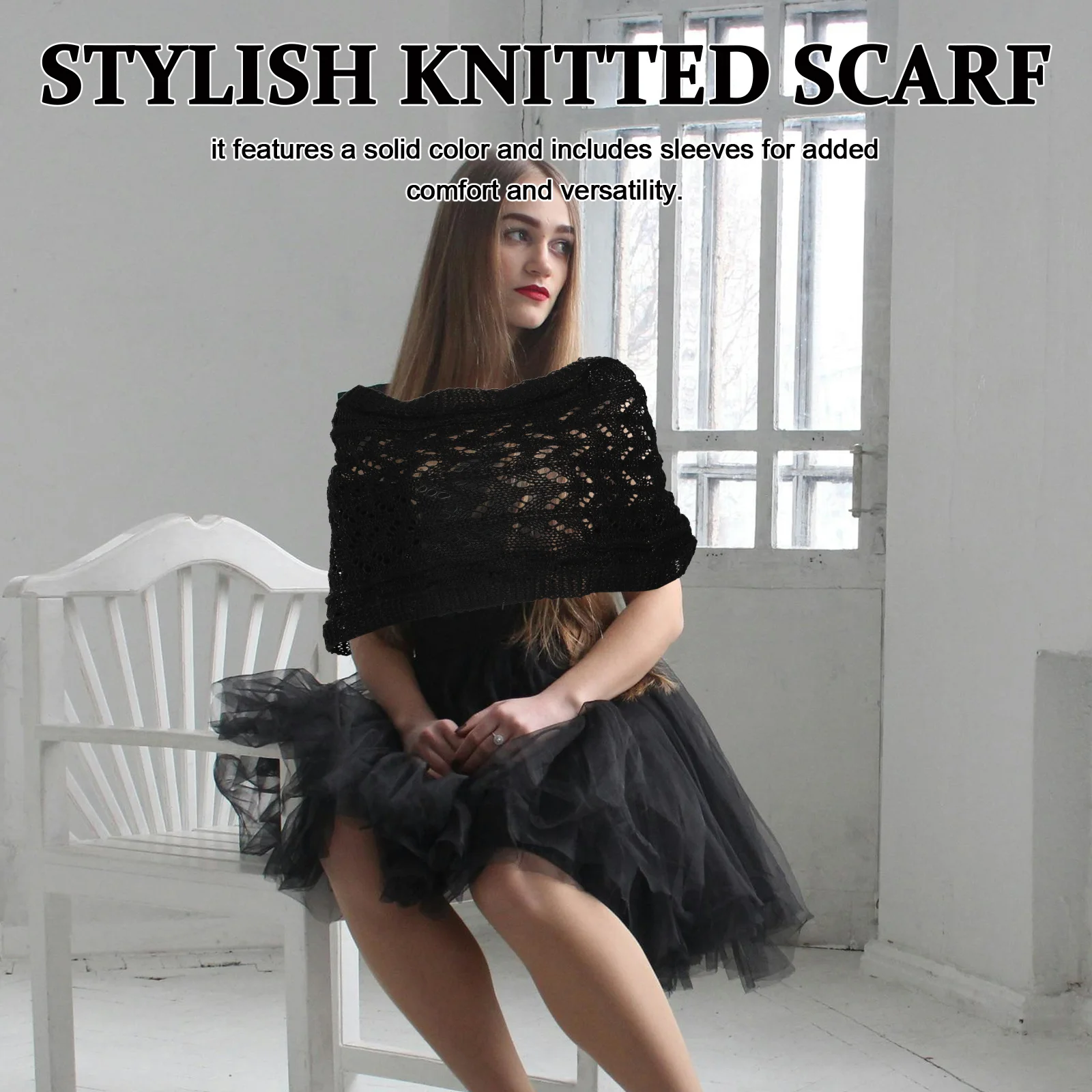 

Women Warm Knitted Scarf with Sleeves Winter Shawl Wrap Solid Color Crochet Sleeve Wrap Cozy Autumn Stylish Clothing Accessory