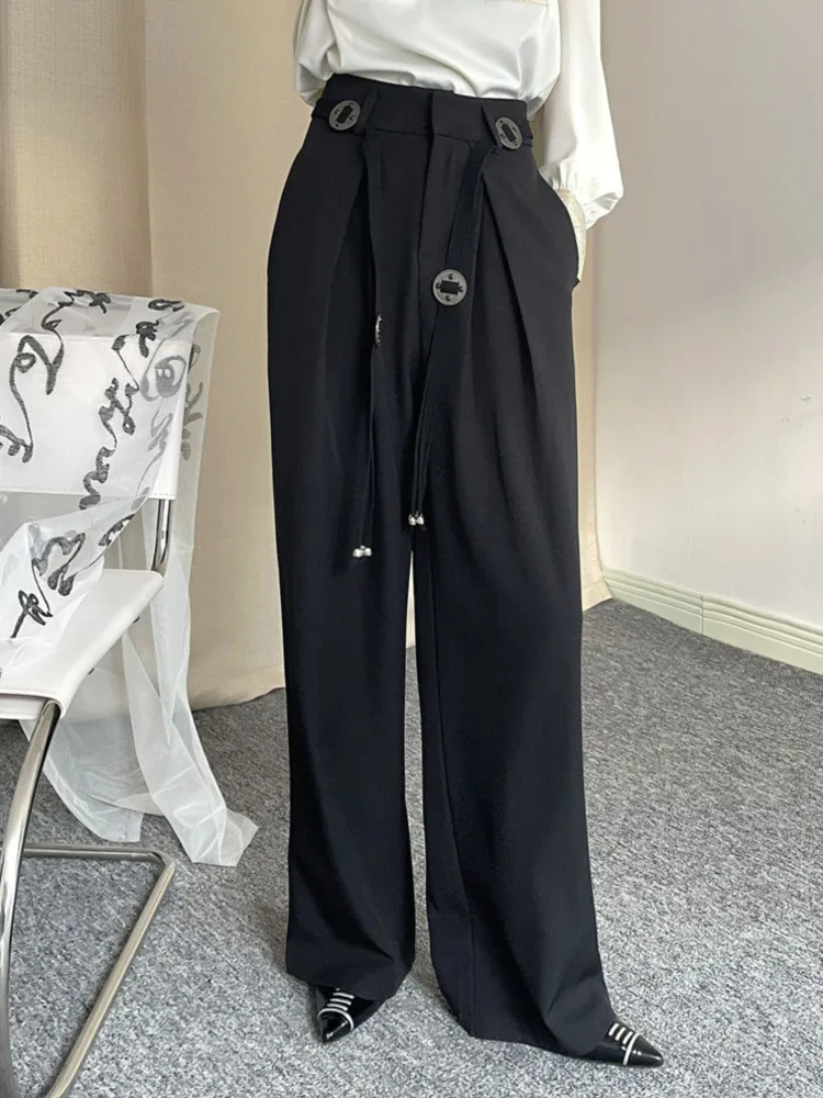 Plus Size High Waist Suit Wide Leg Pants Women's Spring Summer New Black With Belt Drawstring Slimming Casual Commute Trouser