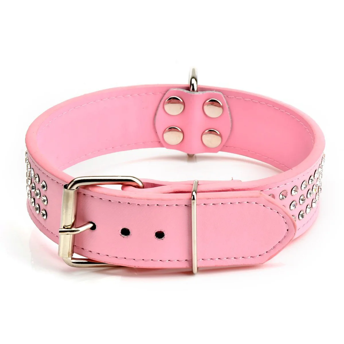 

Rhinestone Studded Adjustable Pink PU Dog Collar Alloy Buckle D-Ring Durable Comfort Dog Leash Size M Pet Collar