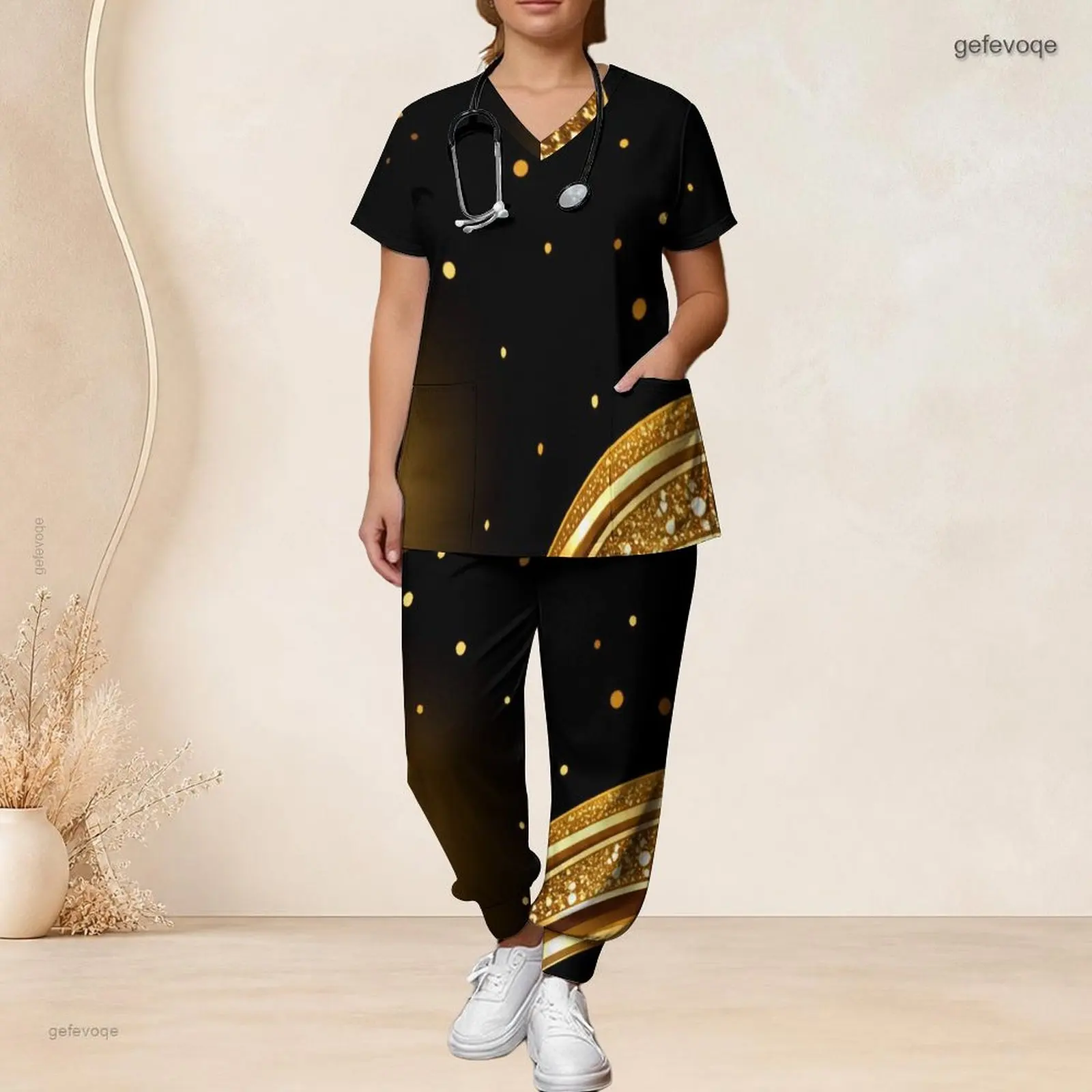 Women V Neck Short Sleeve Pocket Top Long Pants Two Piece Printed Scrub Set