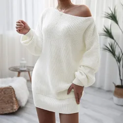 2024 Autumn Winter Womens Knitted Dresses Fashion Leisure Warm Sweater Ladies Dress Off The Shoulder Lantern Sleeves Mini Dress