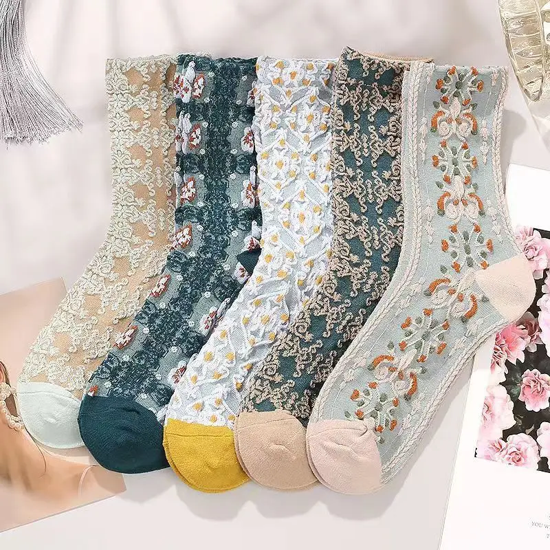 5 Pairs Women Vintage Cute Socks Set Female Lady Harajuku Kawaii Girl Floral Sport Short Socks Set for Women Harajuku Hosiery