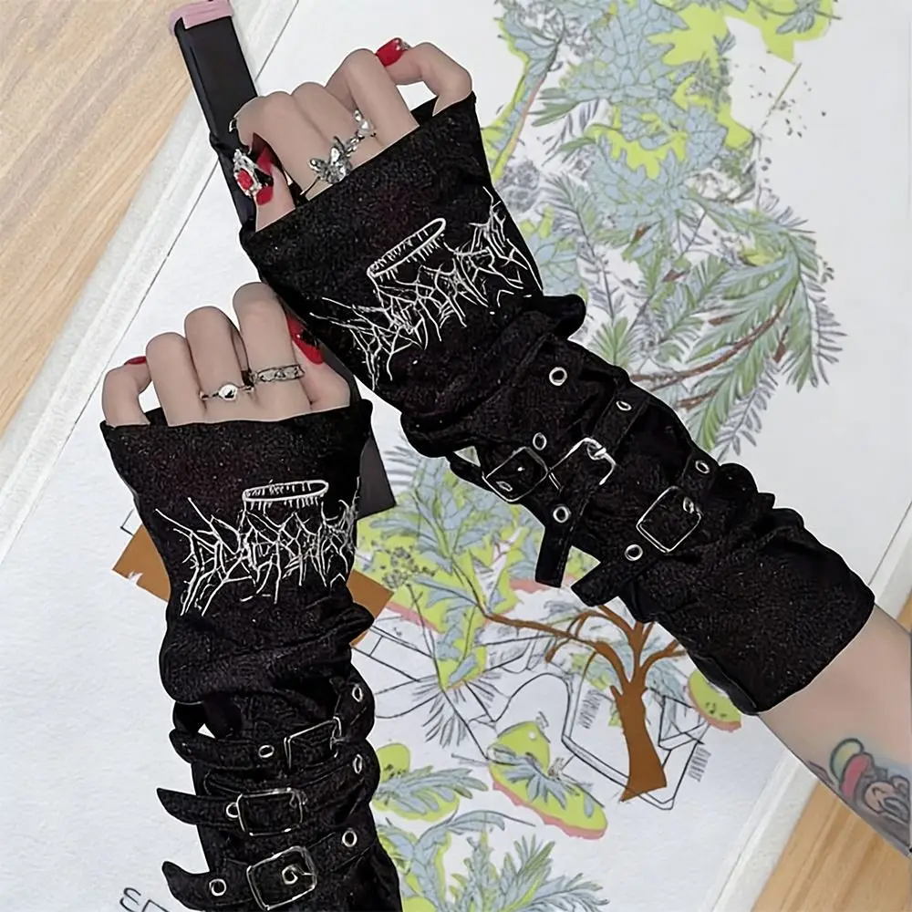 Creative Metal Buckle Arm Sleeves Dark Punk Japanese Half Finger Sleeves Embroidery Harajuku Decorative Gloves Women