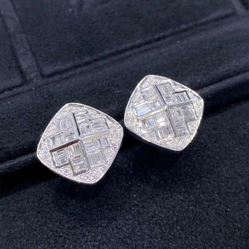 Aazuo High Quality Jewelry18K Pure White Gold Natrual Diamonds Office Style Square Stud Earring Gifted For Woman Birthday Party