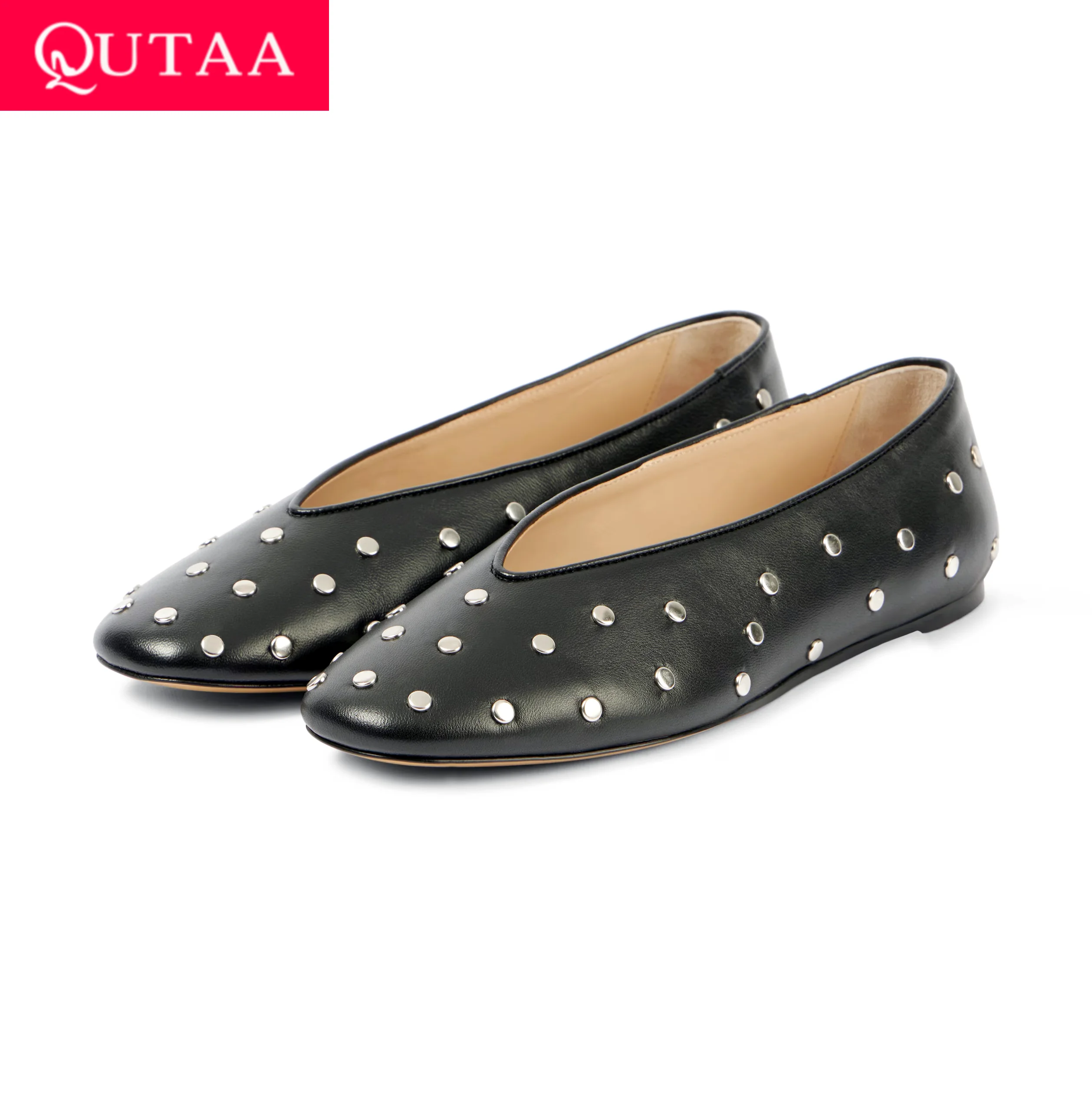 QUTAA 2025 Fashion Women Flats Rivet Shoes Buckle Strap Mary Janes Woman Genuine Leather Round Toe Casual Spring Summer 34-43