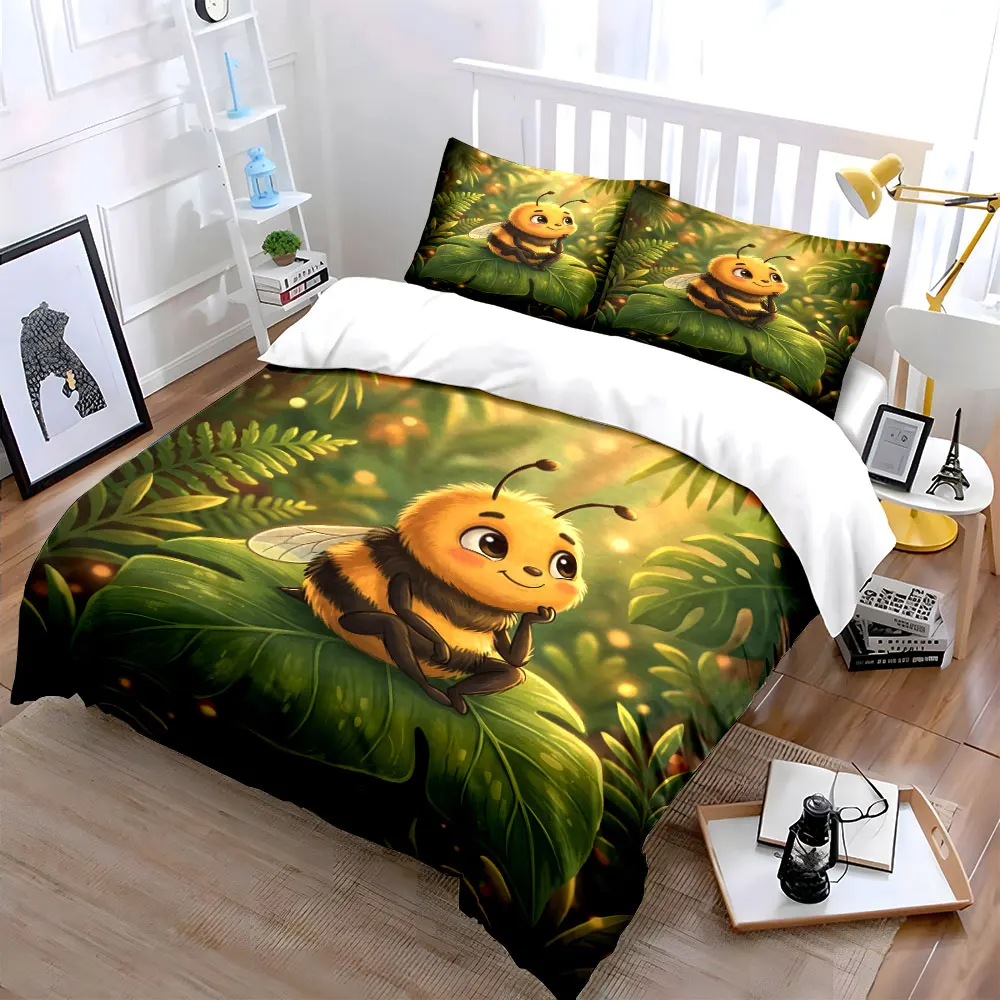 Cute bee sitting on a leaf Printed Duvet Cover Set1 Duvet Cover+2 Pillowcase Multi Size Bedroom Bedding Decor Luxury gifts