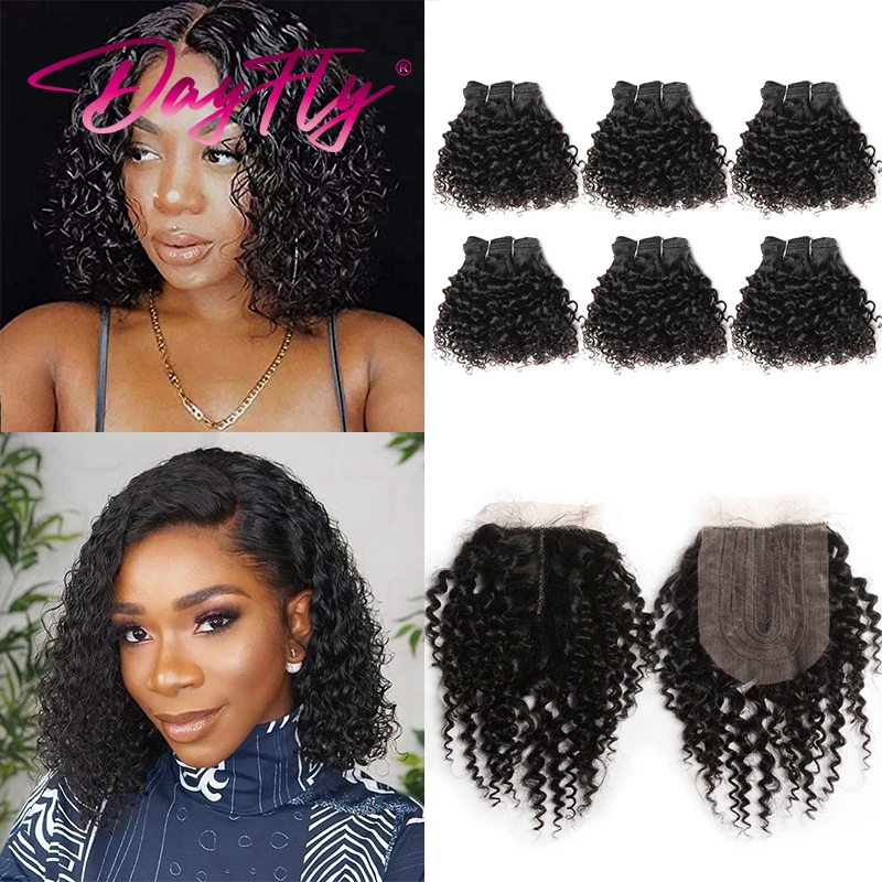 Mongolian Curly Bundles com fechamento, cabelo humano curto, extensões de cabelo Kinky Remy, fechamento 4x1, 6 Plus 1 Lot