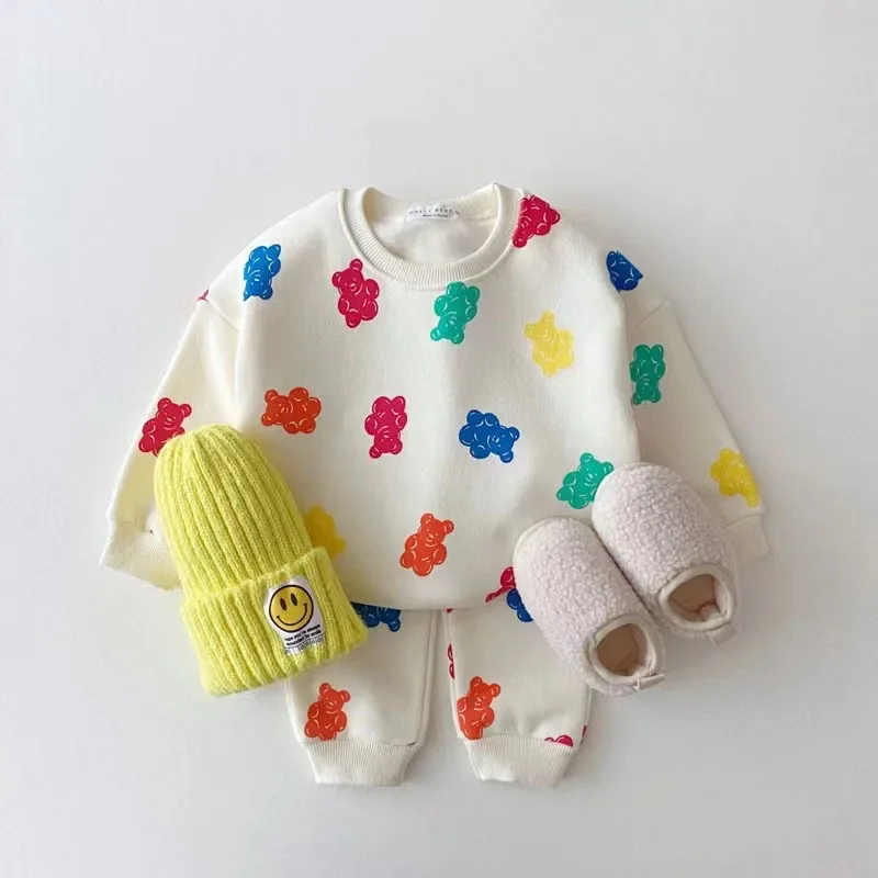 Cute Colourful Gummy Bears Tracksuit Baby Girl Sweet Loose Pullover Sweatshirts  Simple New Track Trousers 2pc Spring New Set