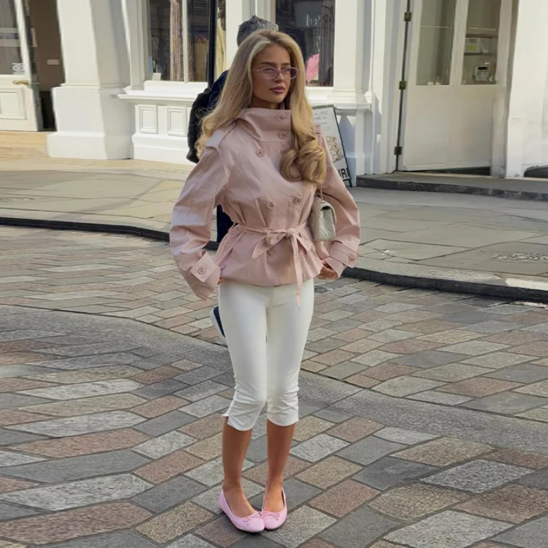 Chic Minimalist Cropped Trench Coat Pink Retro Classic Versatile Trendy Women Outerwear Spring Fall Casual Street Outfit